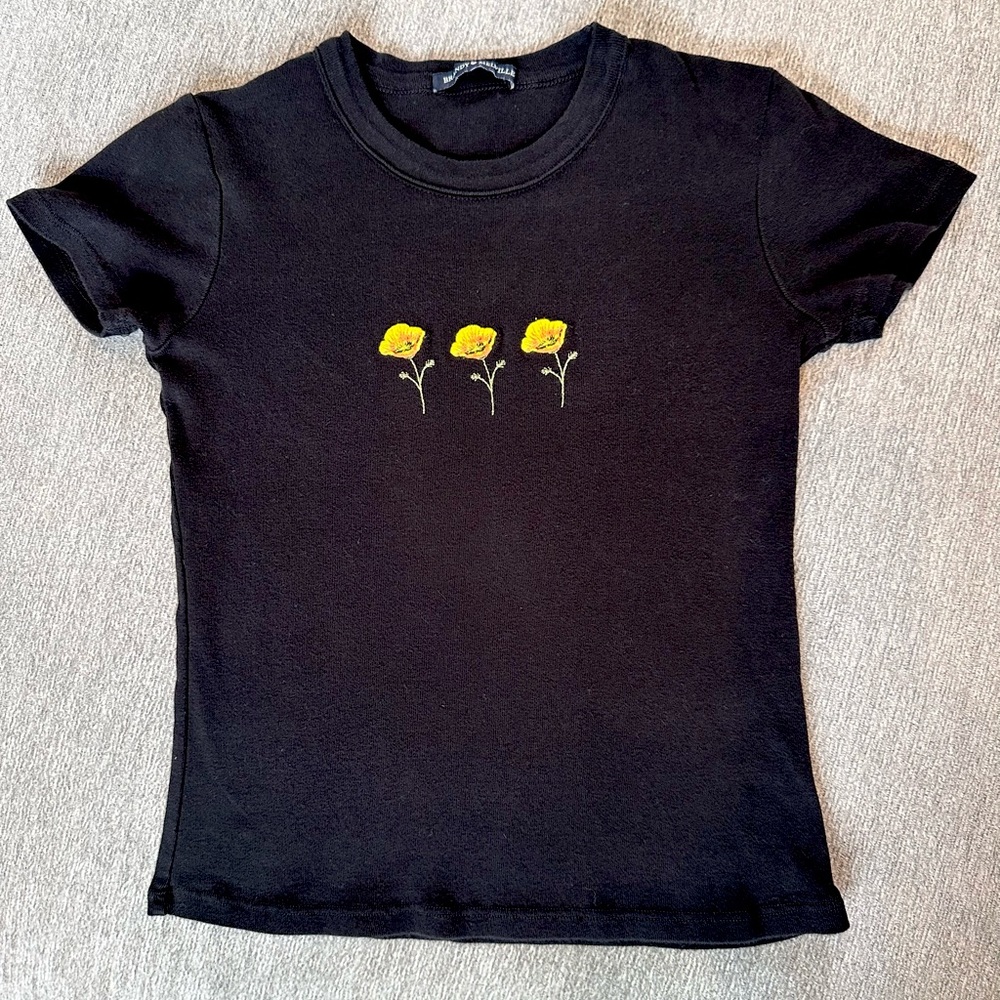 Brandy Melville black top with embroidered yellow flowers